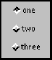 按垂直排列方式顯示三個複選框，其標籤分別為 one、two、three。複選框 one 處於 on 狀態。